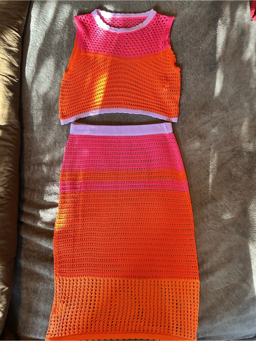 Two-Piece Crochet Skirt Set in Bright Orange & Hot Pink Large